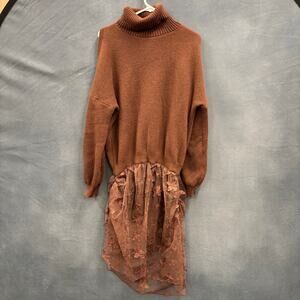 Yohers Brown Cold Shoulder Sweater Dress Floral Tulle Large Roll Neck Turtleneck